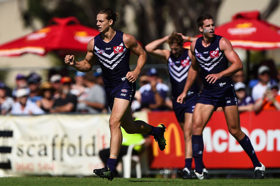 AFL 2016 NAB Challenge - Fremantle v Adelaide Nat Fyfe celebrates a goal against Adelaide - ${keywords}